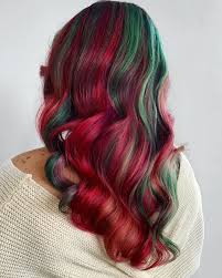 Holidayslay Shades Of Reds And Greens Adorned With Silver And Gold Made Possible By Pulpriothair Green Hair Ombre Hair Dye Colors Hair Color Crazy