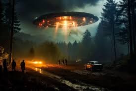 Group of people standing in front of car under flying saucer generative ai | Premium AI-generated image