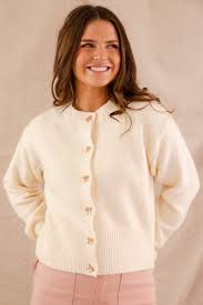 Women's Classic Ivory Cardigan- Women's Gold Bow Button Cardigan –  Juliana's Boutique