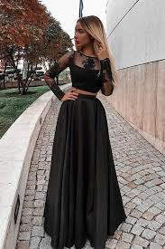Two Piece Prom Dress With Long Sleeves Floor Length Evening Dress With Lace N1610 Prom Dresses Long With Sleeves Prom Dresses Long Black Black Long Sleeve Prom Dress