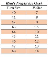 Alegrias Size Chart For European And Us Mens And Womens Sizes