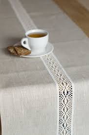 Natural Linen Runner With White Lace Rustic Table Centepiece Etsy Coffee Table Cloth Linen Table Runner Dinner Table Decor