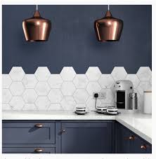 Love This Color Combination With The Navy Blue White Top Brass Copper Touches And Hexagon Bac Trendy Kitchen Tile Kitchen Wall Tiles Kitchen Tiles Backsplash