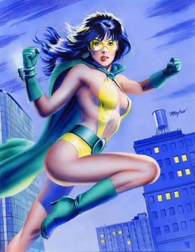 Phantom Lady by Mike Mayhew. While I'm not up to speed with the character's  current choice of attire (such as it is), I'm quite sure this costume  variant is from DC comics
