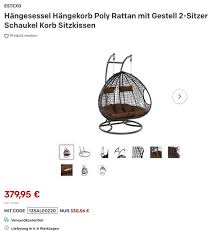 Estexo Polyrattan Hangesessel Mit Gestell Fur Zwei Personen Braun In 2020 Hangesessel Mit Gestell Polyrattan Haus Und Garten