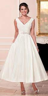 Attractive Satin V Neck Neckline A Line Tea Length Wedding Dress With Beadings Tea Length Wedding Dress Aline Wedding Dress Wedding Dress Organza