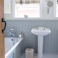Compact Bathroom With Blue Wall Panelling Small Bathroom Design Ideas Bathroom Photo Gallery Country Bathroom Country House Interior Bathroom Inspiration