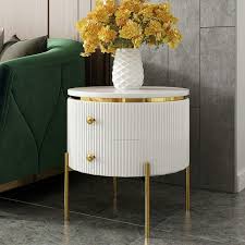 Modern Round End Table With Storage White Black Faux Marble Side Table Gold Legs In 2020 Round Side Table Living Room Living Room Side Table Marble Side Tables