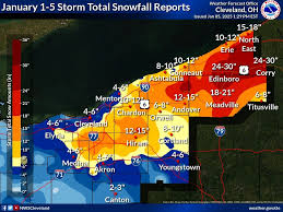 The first lake effect snow event of 2025 is winding down. Here are snowfall  totals reported to NWS Cleveland from around the region from this event,  spanning January 1-5, 2025. How does
