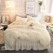Solid White Simple Style Quilting Bed Skirt 4 Piece Fluffy Bedding Sets Duvet Cover Fluffy Bedding Bedding Sets Bedroom Design
