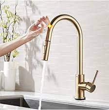 Some of the most popular manufacturer names for these new modern gold finishes include delta's champagne bronze, moen's brushed gold, and kohler's brushed gold. Gold Pull Out Sensor Kitchen Faucet Brushed Gold Sensitive Touch Control Faucet Mixer For Kitchen Touch Sensor Kitchen Mixer Tap Amazon Com