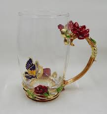 ARC Rose Butterfly Glass Coffee Tea Mug Red Enameled and Jeweled Metal  Handle | eBay