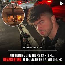YouTuber John Hicks shared gripping footage of the devastating wildfires in  Los Angeles, showcasing burned neighborhoods, ash-filled skies, and  smoldering ruins. Calling it “straight from the apocalypse,” Hicks  documented the destruction and