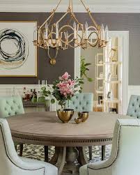 Our classic round dining table design has been crafted by expert furniture makers to ensure optimal designer dining table sets: Green Tufted Linen Chairs At Round Wood Dining Table Transitional Dining Room