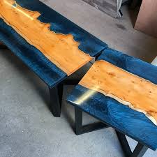 Yew Wood Dark Blue Resin River Coffee Table Wood Table Design Wood Table Resin Furniture