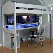 Work area features pull out keyboard tray and shelving storage areas. Noah High Sleeper Mega Pc Gaming Bed With Built In Gaming Desk Family Window