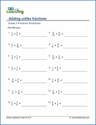 Grade 5 Fractions Worksheet Adding Unlike Fractions Fractions Worksheets Multiplying Fractions Adding Fractions