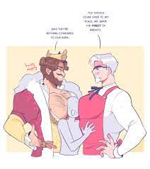 refrainbow, colonel sanders, the king (burger king), burger king, kfc,  absurdres, commentary, english commentary, highres, 3boys, apron, artist  name, bara, beard, between pectorals, boy sandwich, brown hair, chest hair,  closed mouth, coat,