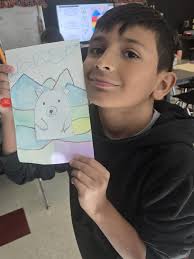 Our art students had so much fun creating these bright Frozen Tundra  landscapes inspired by Ted Harrison. Each piece features a bold polar bear  and colorful winter skies. It feels extra fitting