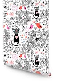 Jersey fabric birds flowers blossoms songbird spring summer pattern cotton 0.5 m. Floral Pattern With Black Cats And Birds Wallpaper Roll Pixers We Live To Change
