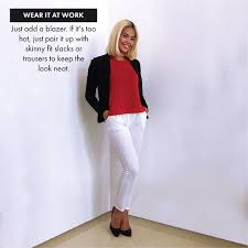 Black And White Semi Formal Attire For Ladies Red Textured Sleeveless Blouse Black Uniqlo Blazer White Pants Black Pumps Closed Heels S Smart Casual Work Outfit Formal Smart Casual Skinny Fit Slacks
