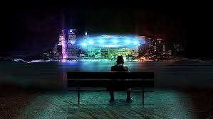 Find the best ufo wallpaper on wallpapertag. Hd Wallpaper Wooden Outdoor Bench Landscape Ufo Cityscape Digital Art Wallpaper Flare