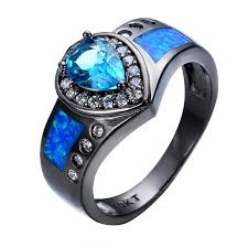 Ocean Blue Fire Opal Stone Ring Heart Aquamarine Sapphire Women Men Engagement Rings White Cz Black Black Hills Gold Jewelry Black Gold Jewelry Blue Stone Ring
