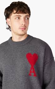 AMI Paris Red ADC Sweater Heather Grey/Red