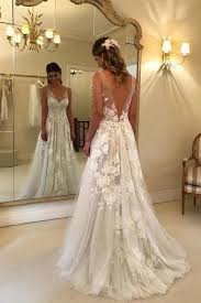 Elegant A Line V Neck Tulle Floor Length Wedding Dresses With Lace Appliques W2275 Backless Wedding Dress Backless Wedding Floor Length Wedding Dress