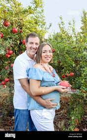 Portrait of happy family in the pomegrate garden. Husband holding hands on  stomach of his pregnant wife with ripe fruit. Fertility concept. Sunset lig  Stock Photo - Alamy