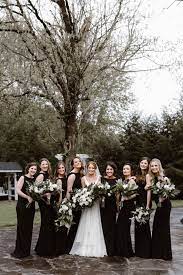 Rainy Spring Wedding At Dara S Garden Black Bridesmaid Dresses Spring Bridesmaids Dresses Winter Wedding Black And White Wedding Theme