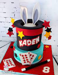 Magic Hat Cake With Top Hat Bunny Earrs Playing Cards And Stars Smartiebox Cake Studio Magician Birthday Party Magic Birthday Magic Party