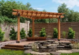 Gartenecke Gestalten Immergrune Pflanzen Straucher Holzpergola Sitzbank Pergola Plane Pergola Design Pergola Dach
