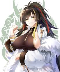 akusamu, harbin (azur lane), azur lane, commentary, commentary request,  1girl, ahoge, breasts, clenched hands, fur trim, grin, jacket, large  breasts, long hair, looking at viewer, multicolored hair, ponytail,  sideboob, smile, yellow eyes -