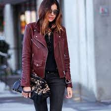 Burgundy Leather Jacket With Lace Up Top And Leopard Print Bag Burgundy Jacket Outfit Leather Jacket Outfits Faux Leather Jacket Outfit