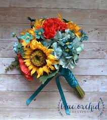 We belive in high quality, low prices, and great customer service. Sunflower Bridal Bouquet With Red Poppies Teal Turquoise Flowers And Greenery Wedding Flower