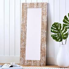 Carved Wood Floor Leaning Mirror Washed White Wood Leaning Mirror Boho Mirrors Wood Mirror