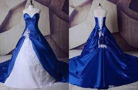 Discount 2021 Royal Blue White Wedding Dresses Real Photos Cheap Applique Beaded Sequined Court Train Long Bridal Gowns Plus Size New Vintage Inspired Wedding D Blue Wedding Dress Royal Vintage Inspired