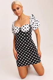 Black White Love Heart Cup Detail Milkmaid Dress Women Dress Online Printed Mini Dress Black And White Love