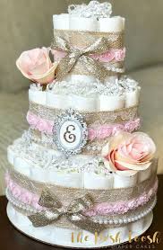 Shabby Chic Pink Gold Floral Diaper Cake Baby Girl Pearl Burlap Lace Rustic Vintage Feminine Baby Shower Centerpiece Decor Gift 3 Tier Baby Girl Diaper Cake Shabby Chic Baby Shower Chic