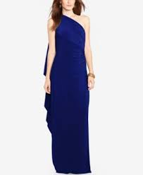 A Beautiful Cape Flutters At The Back Of This Lauren Ralph Lauren Jersey Dress Accenting Its One Mismatched Bridesmaid Dresses Blue Navy Evening Dresses Gowns