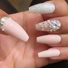 Pale Pink Pinklady Crystal Pearl Glossy Press On Nails Any Etsy In 2021 Crystal Nails Glue On Nails Fake Nails