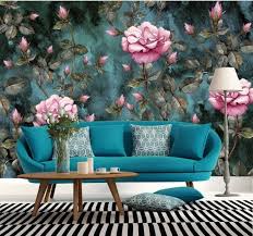 Pink Flowers Leaves Floral Black Blue Background Wallpaper Etsy Floral Wallpaper Bedroom Office Wall Decor Blue Background Wallpapers