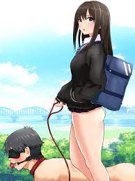 producer (idolmaster), producer (idolmaster cinderella girls anime),  shibuya rin, idolmaster, artist request, highres, 1boy, 1girl, ball gag,  bdsm, black hair, blazer, blindfold, blush, brown hair, clothed female nude  male, cloud, collar, crawling,