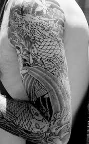 Black And White Koi Fish Tattoo Sleeve Asian Dragon And Koi Tattoo Sleeve Koi Tattoo Sleeve Tattoos Koi Tattoo