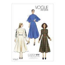 Robe ajustée, doublée, découpe princesse devant et dos, à manches et col. Patron De Robe Vogue 9327