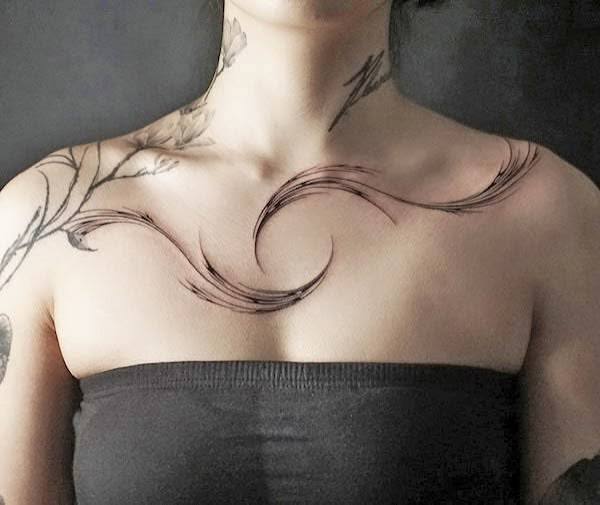 57 Gorgeous Collarbone Tattoos For Women - Our Mindful Life | Wavy tattoo design shoulder, Wave chest