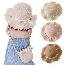 Summer Children Straw Hat Colorful Pompoms Sun Hat With Handbag Bags Kids Girls Uv Protection Baby Summer Hat Kids Sun Hat Baby Girl Patterns