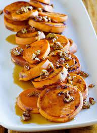 Melting Sweet Potatoes With Maple Pecan Drizzle Side Dish Recipe Recipe Recipes Sweet Potato Sides Sweet Potato Slices