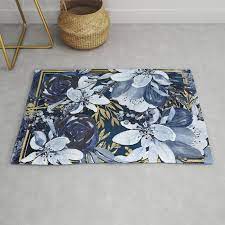 Product description equally suited to contemporary and traditional settings, the santorini beautifully blends transitional and bohemian. Navy Blue Gold Watercolor Floral Rug By Christyne Society6